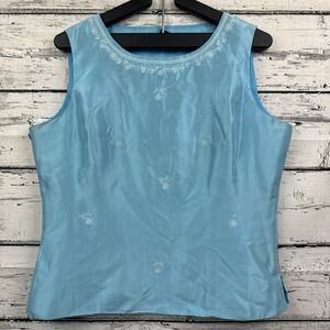 Silkland Silk Blend Top Embroidered Sleeveless Blue Casual Tank Blouse [Size 10]